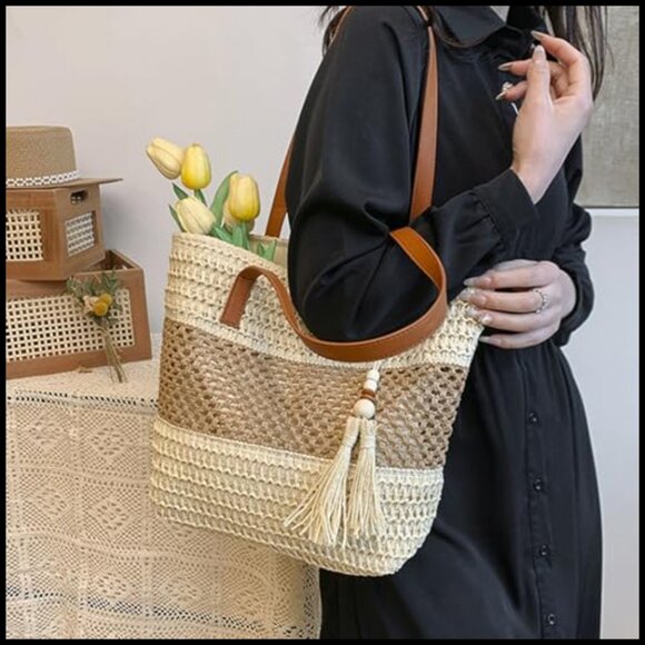 Straw Tote Handbag Handwoven Shoulder Bag Beach Summer Tassels Large Capacity - Picture 4 of 7
